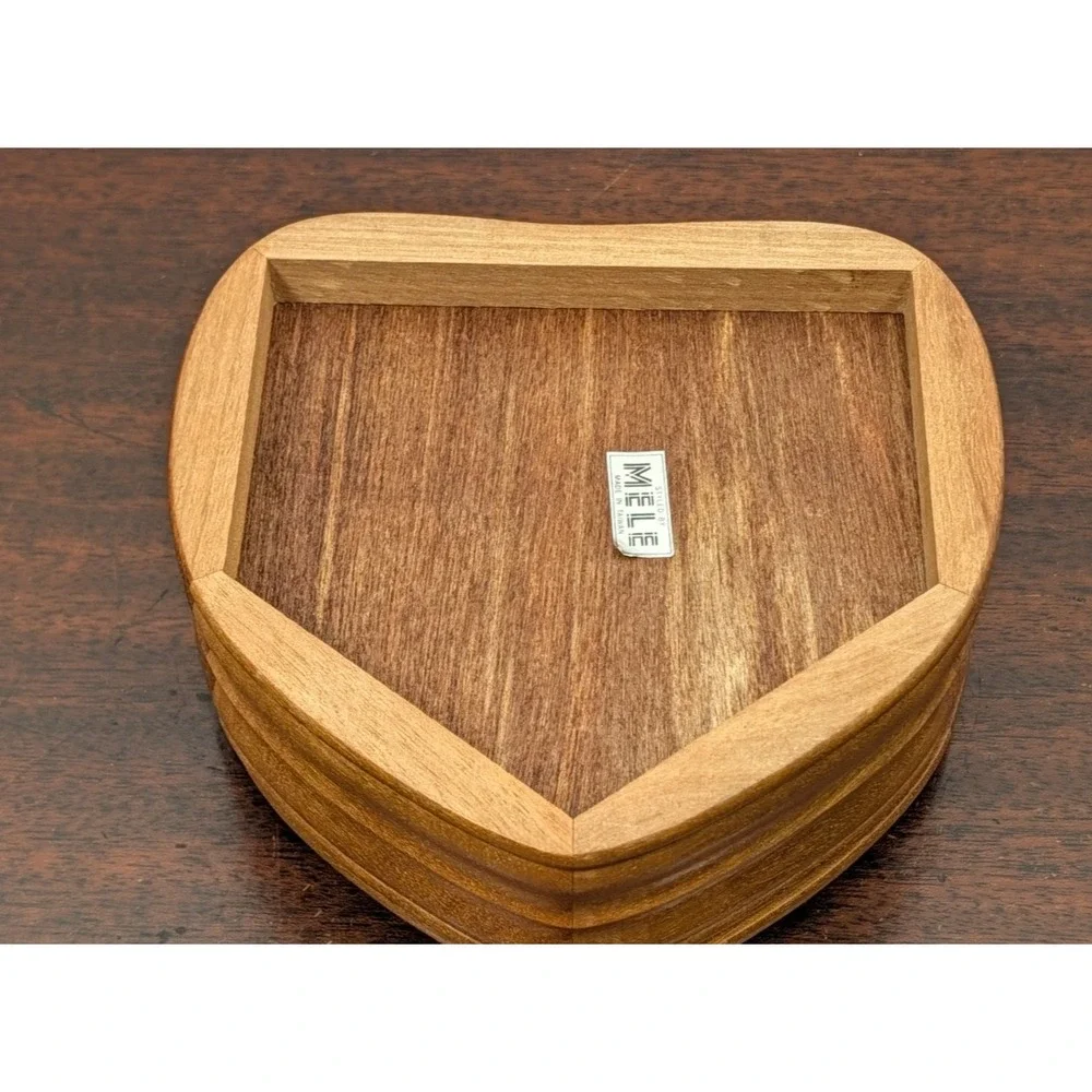 Vintage 1970s Mele Wooden Jewelry Box Floral Glass Lid Red Velvet Heart Taiwan